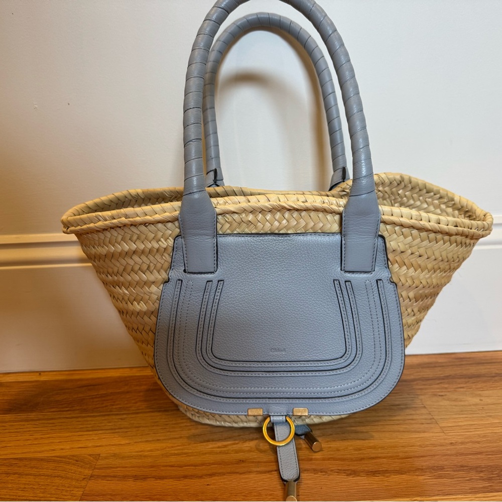Chloe Medium Woven Straw and Blue Leather Tote
